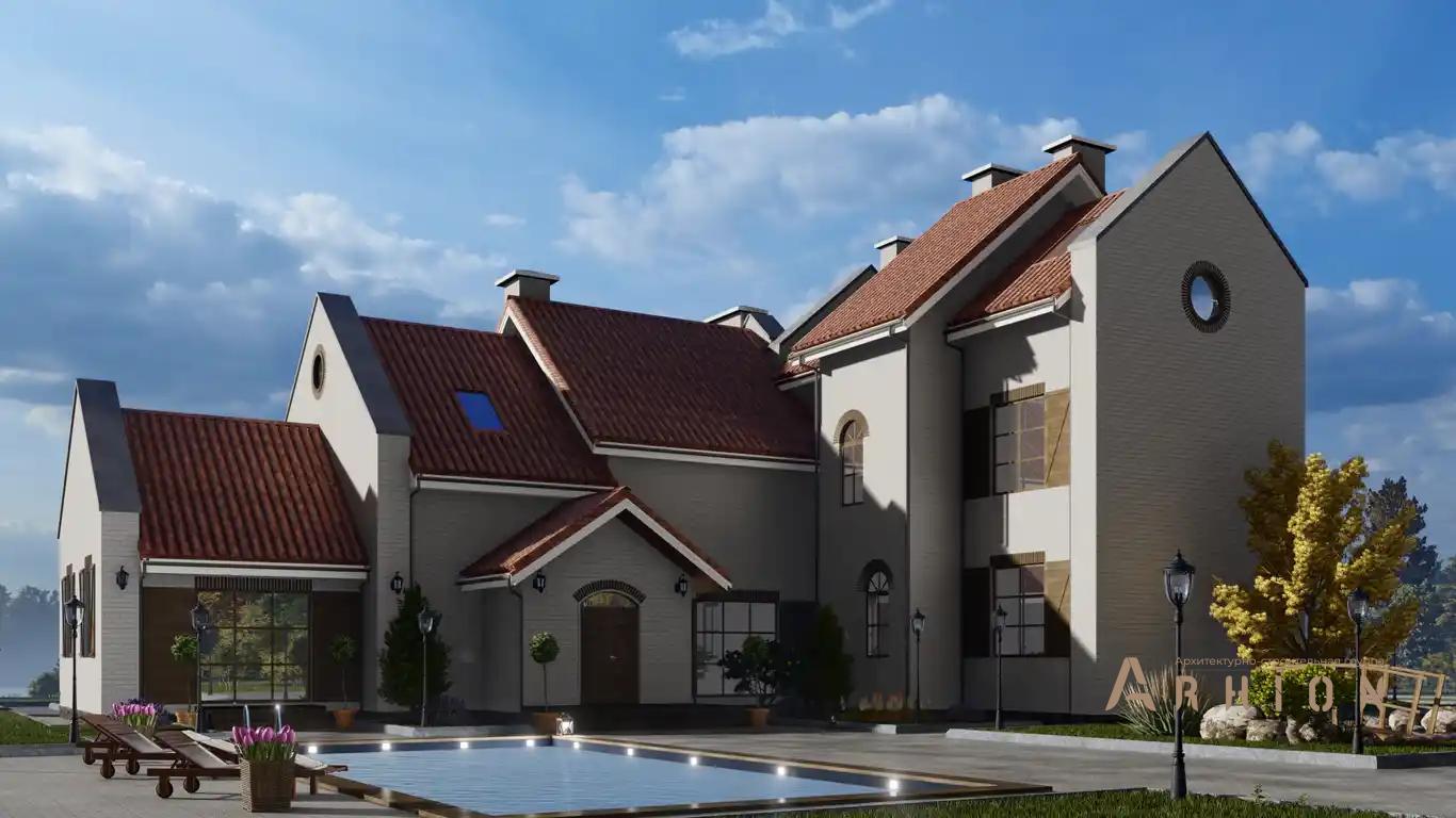 1. Проект одноэтажного дома в европейском стиле с многоскатной кровлей, h-1616, площадью - 484 кв c мансардой, балконом, бассейном